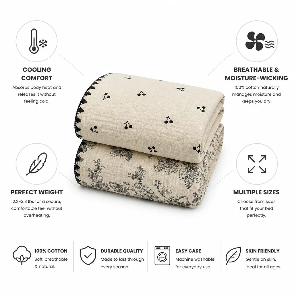 Cooling Blanket 100% Cotton Breathable & Moisture-Wicking