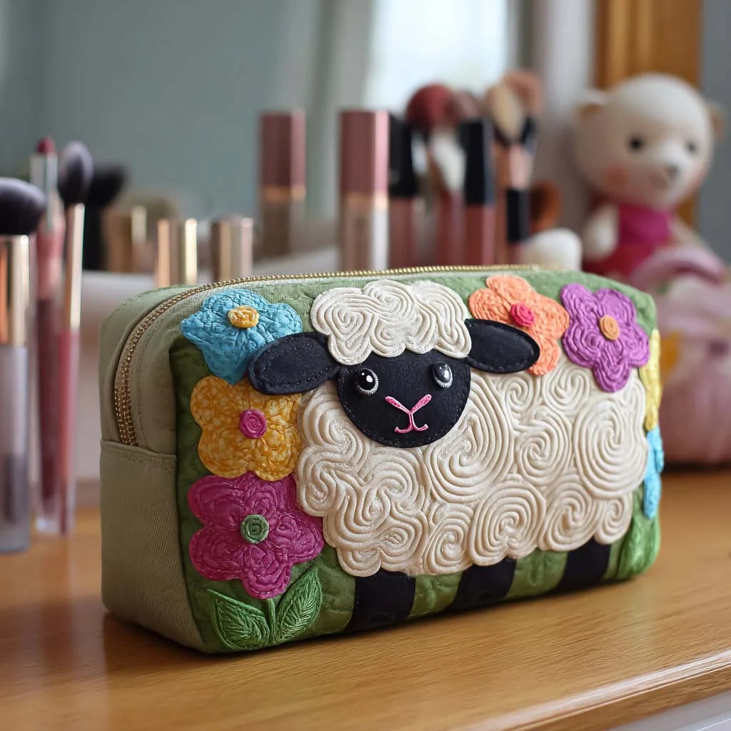 Cosmetic Bag Quilted Padded Sheep Design