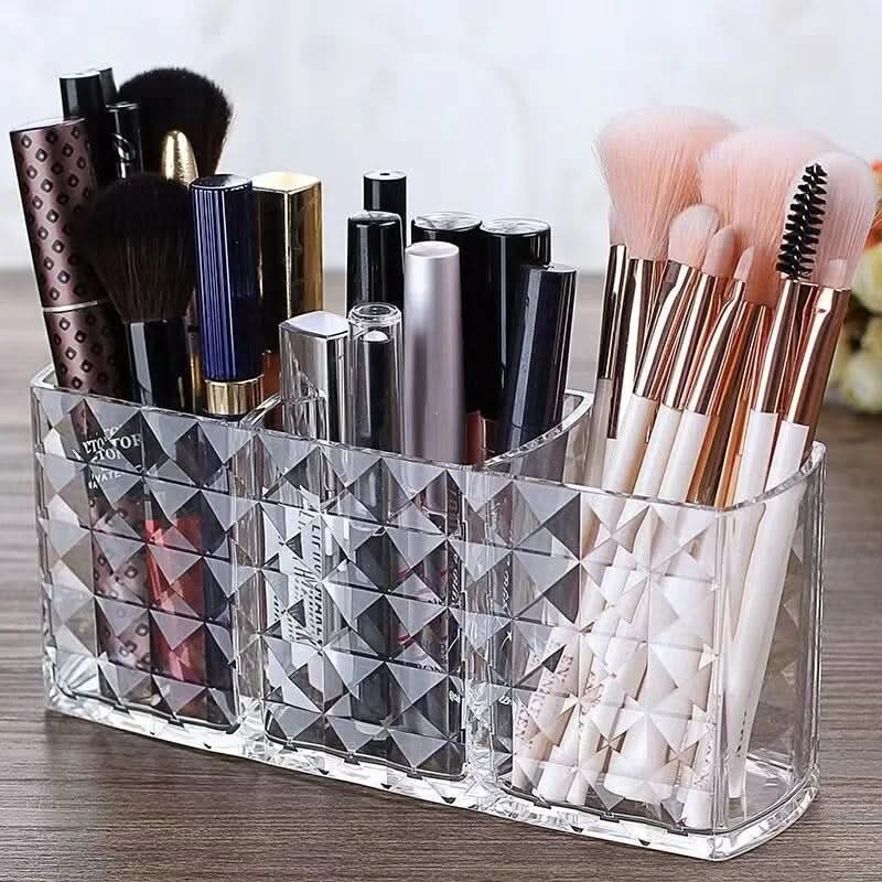 Cosmetic Storage Box Transparent 3 Compartments Diamond Pattern