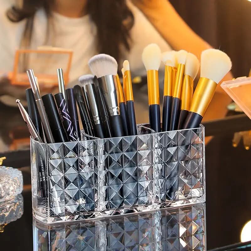 Cosmetic Storage Box Transparent 3 Compartments Diamond Pattern