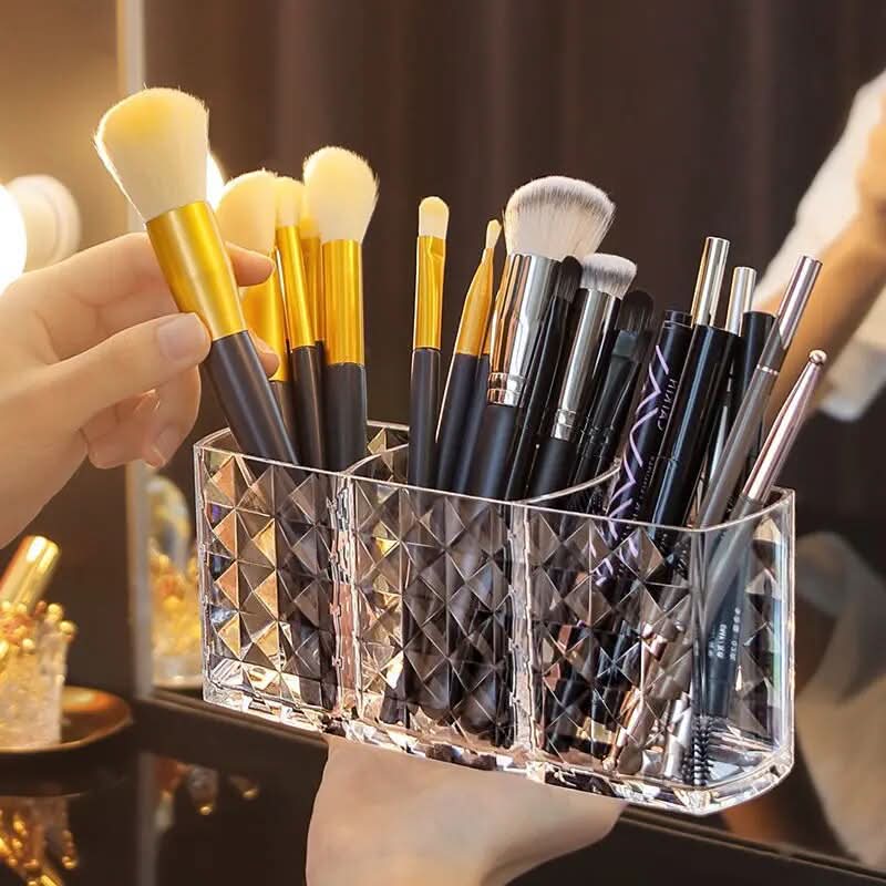 Cosmetic Storage Box Transparent 3 Compartments Diamond Pattern