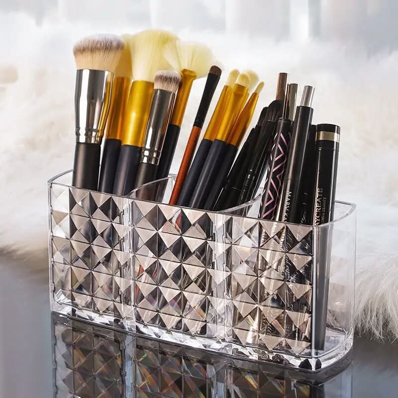 Cosmetic Storage Box Transparent 3 Compartments Diamond Pattern
