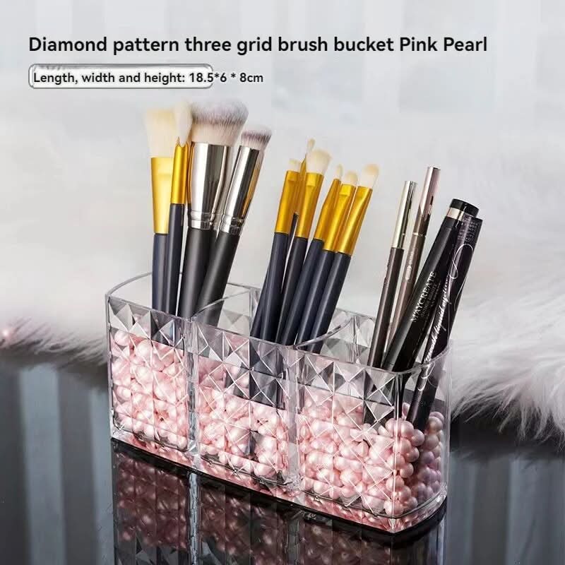 Cosmetic Storage Box Transparent 3 Compartments Diamond Pattern