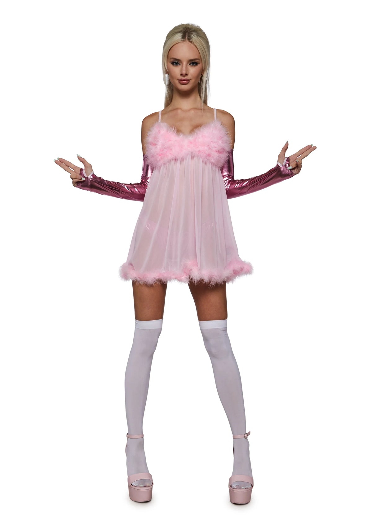 Costume Set Sheer Feather-Trim Nightie 3-Piece