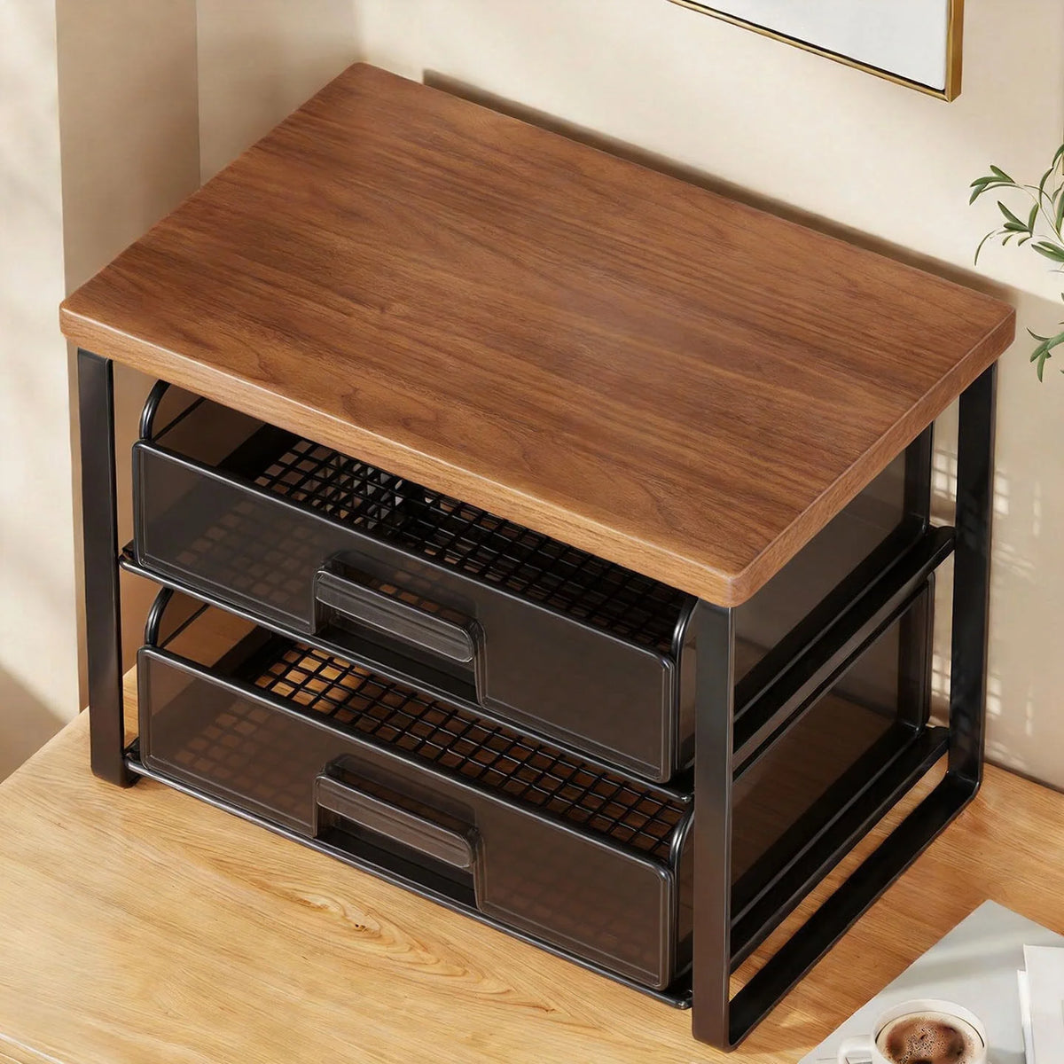 Countertop Organizer Two Pull-Out Mesh Baskets Wood Top