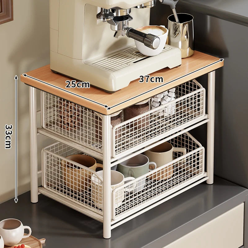 Countertop Organizer Two Pull-Out Mesh Baskets Wood Top