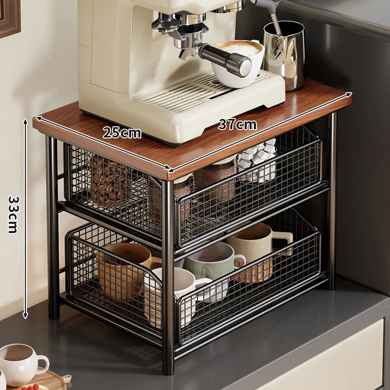 Countertop Organizer Two Pull-Out Mesh Baskets Wood Top