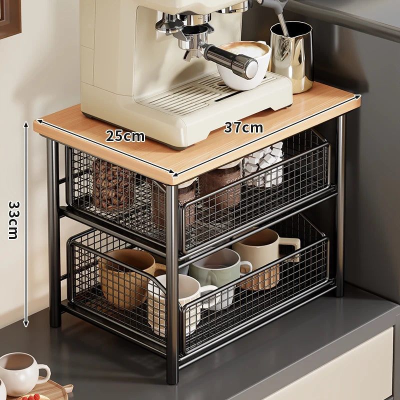 Countertop Organizer Two Pull-Out Mesh Baskets Wood Top