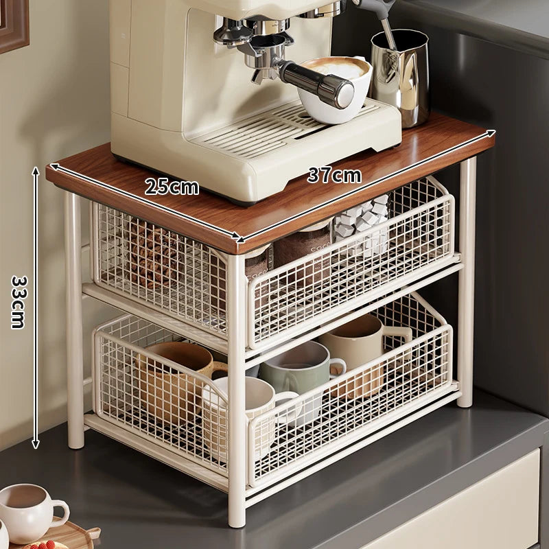 Countertop Organizer Two Pull-Out Mesh Baskets Wood Top
