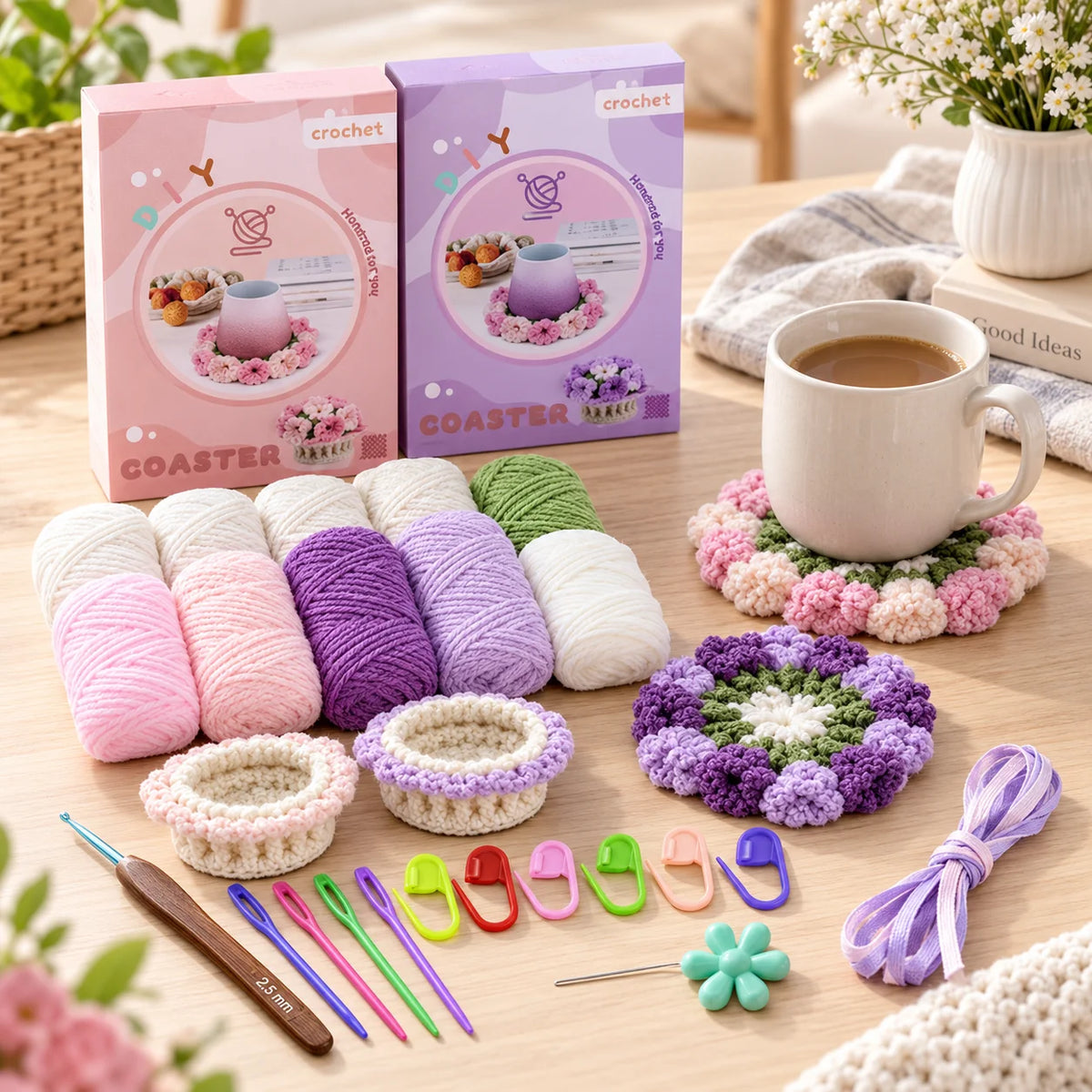 Crochet Kit Flower Coasters & Basket Mercerized Cotton