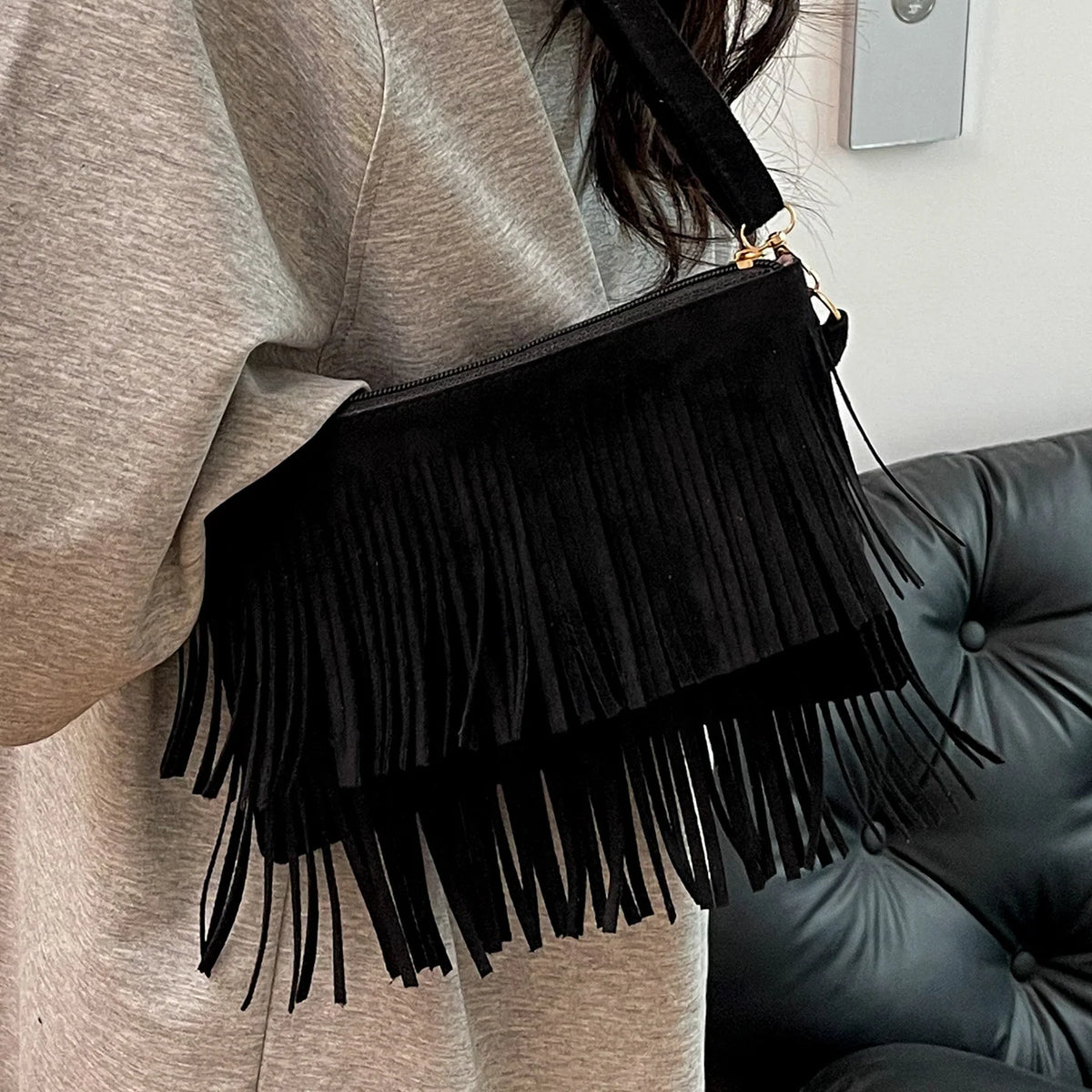 Crossbody Bag Suede Fringe Adjustable Strap & Zip Closure