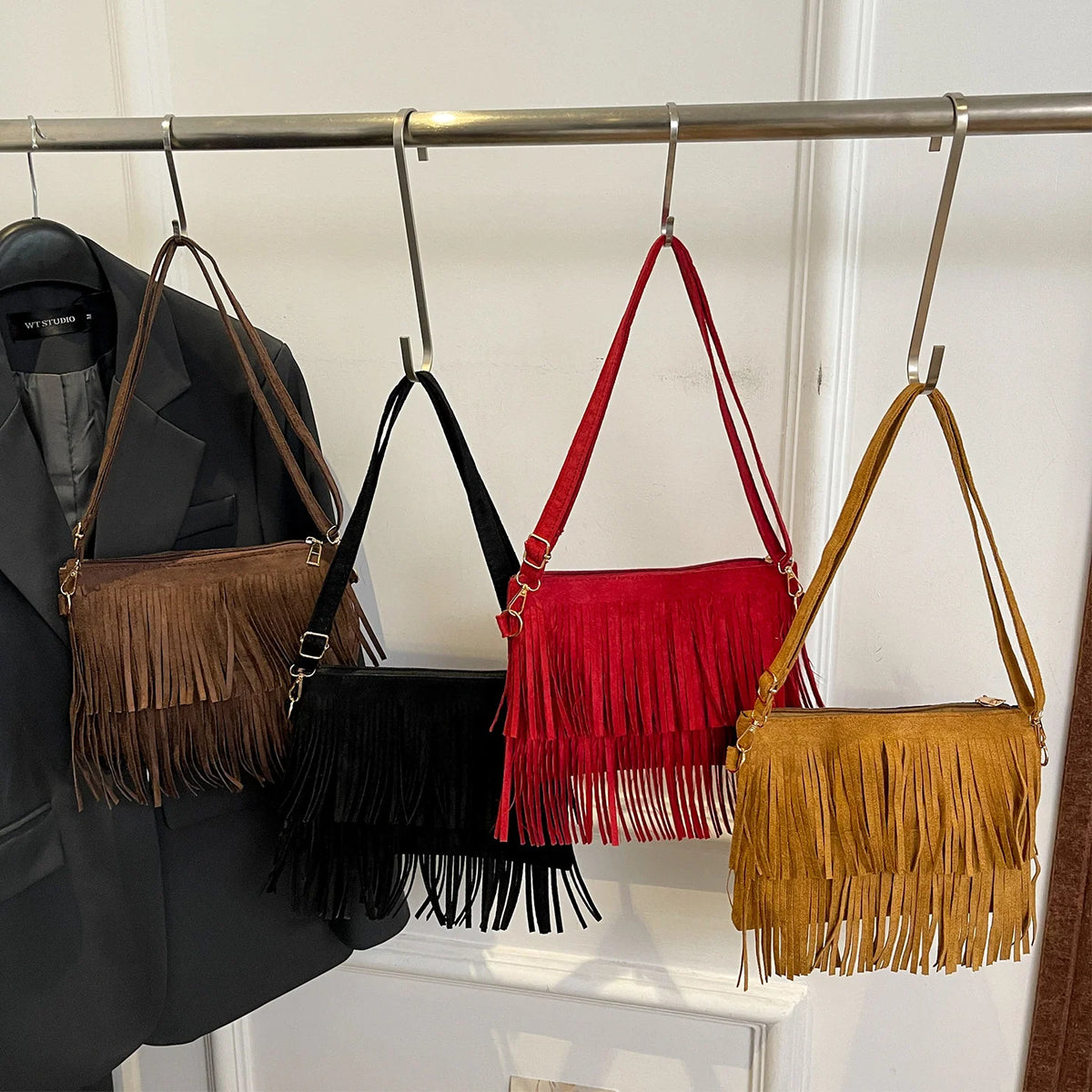 Crossbody Bag Suede Fringe Adjustable Strap & Zip Closure