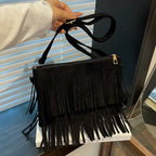 Crossbody Bag Suede Fringe Adjustable Strap & Zip Closure