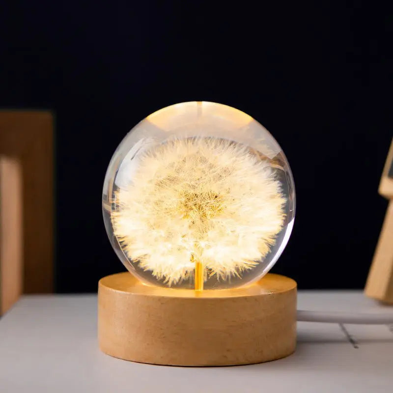 Crystal Ball Lamp 3D Floral Globe Beech Wood Base