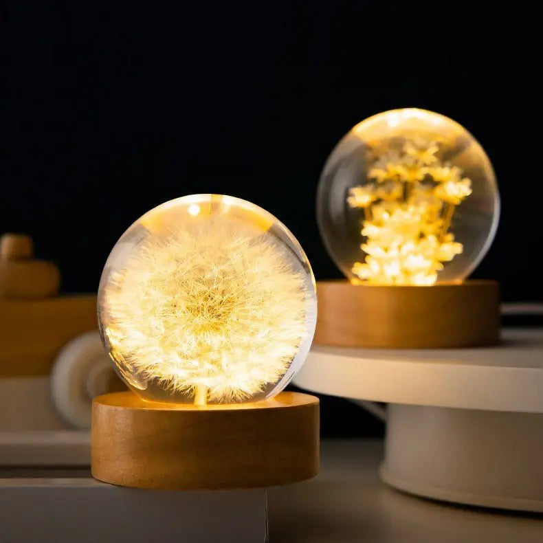 Crystal Ball Lamp 3D Floral Globe Beech Wood Base