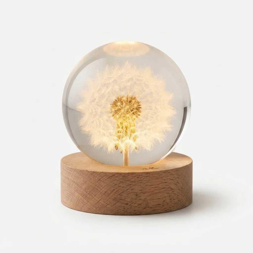 Crystal Ball Lamp 3D Floral Wood Base Warm White