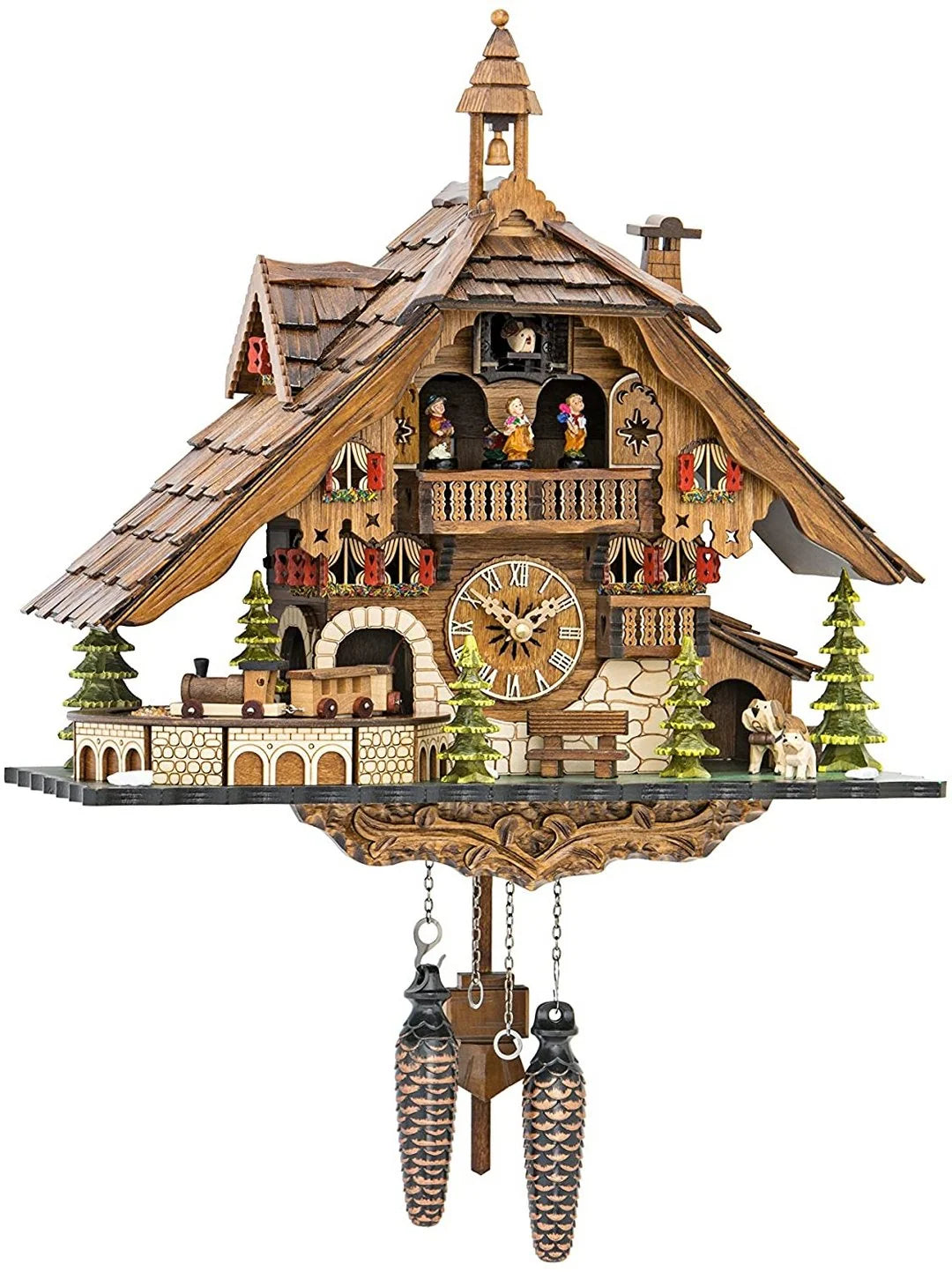Cuckoo Clock Hand-Painted Wood Moving Figures & Swinging Pendulum