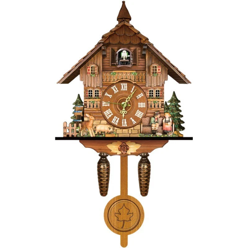 Cuckoo Clock Hand-Painted Wood Moving Figures & Swinging Pendulum