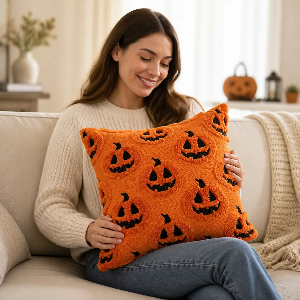 Cushion Cover Plush Microfiber Pumpkin 18x18 Machine Washable