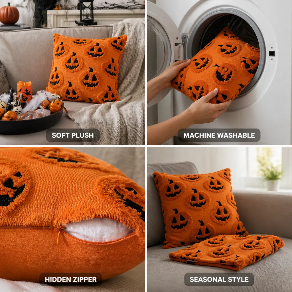 Cushion Cover Plush Microfiber Pumpkin 18x18 Machine Washable
