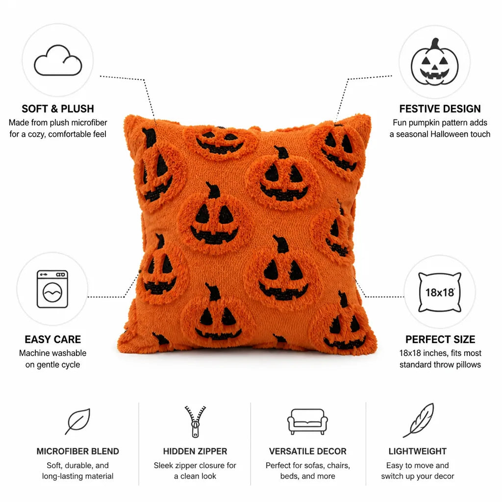 Cushion Cover Plush Microfiber Pumpkin 18x18 Machine Washable
