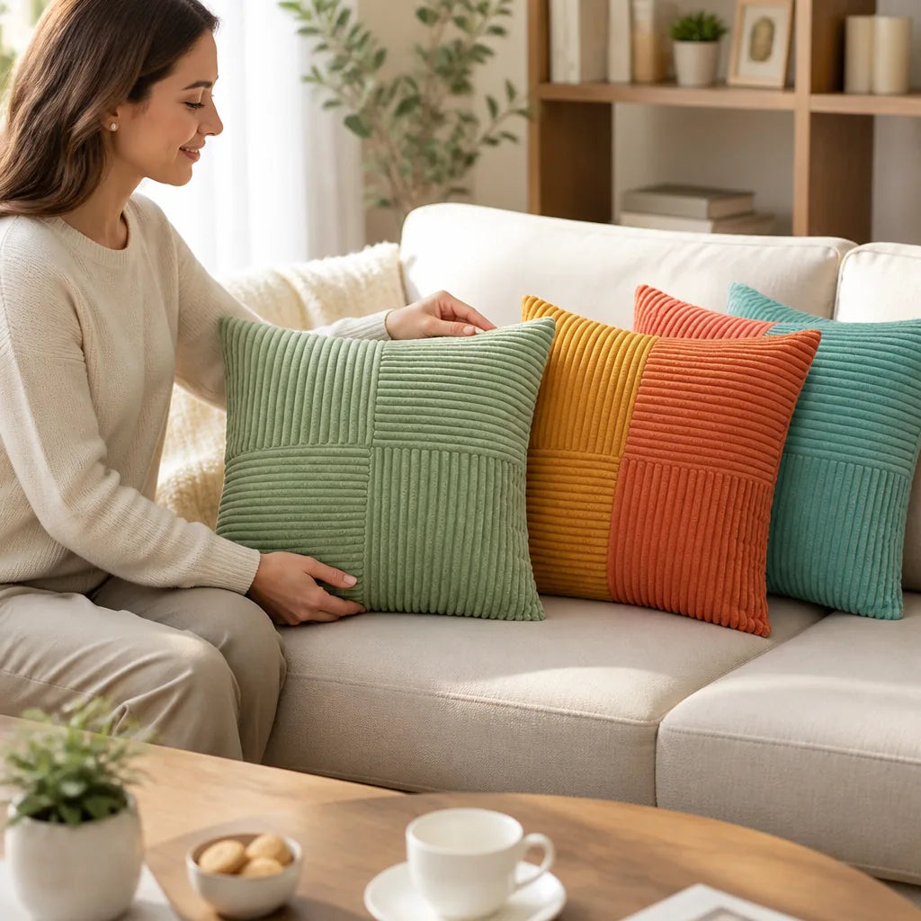 Cushion Covers Ribbed Corduroy Hidden Zipper Set of 4