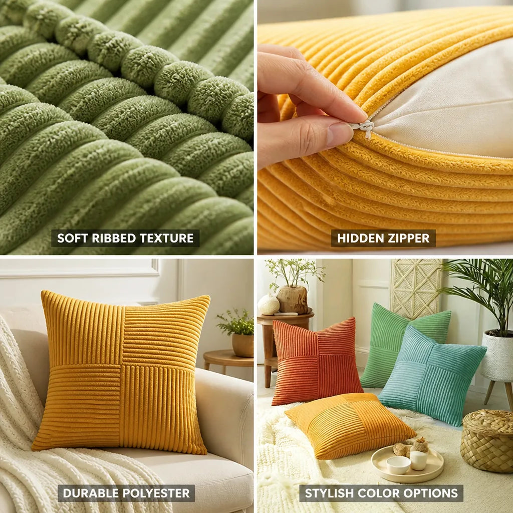 Cushion Covers Ribbed Corduroy Hidden Zipper Set of 4