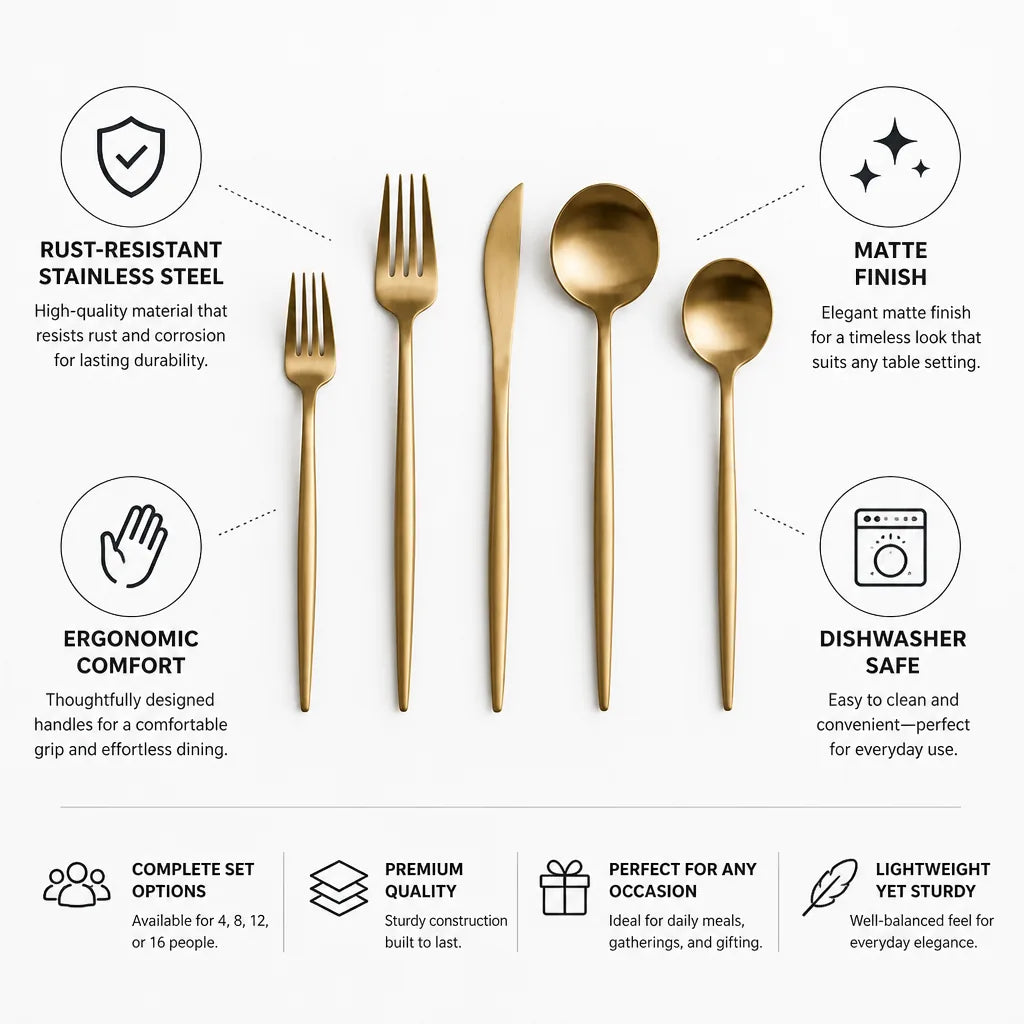 Cutlery Set Matte Stainless Steel Dishwasher-Safe & Rust-Resistant