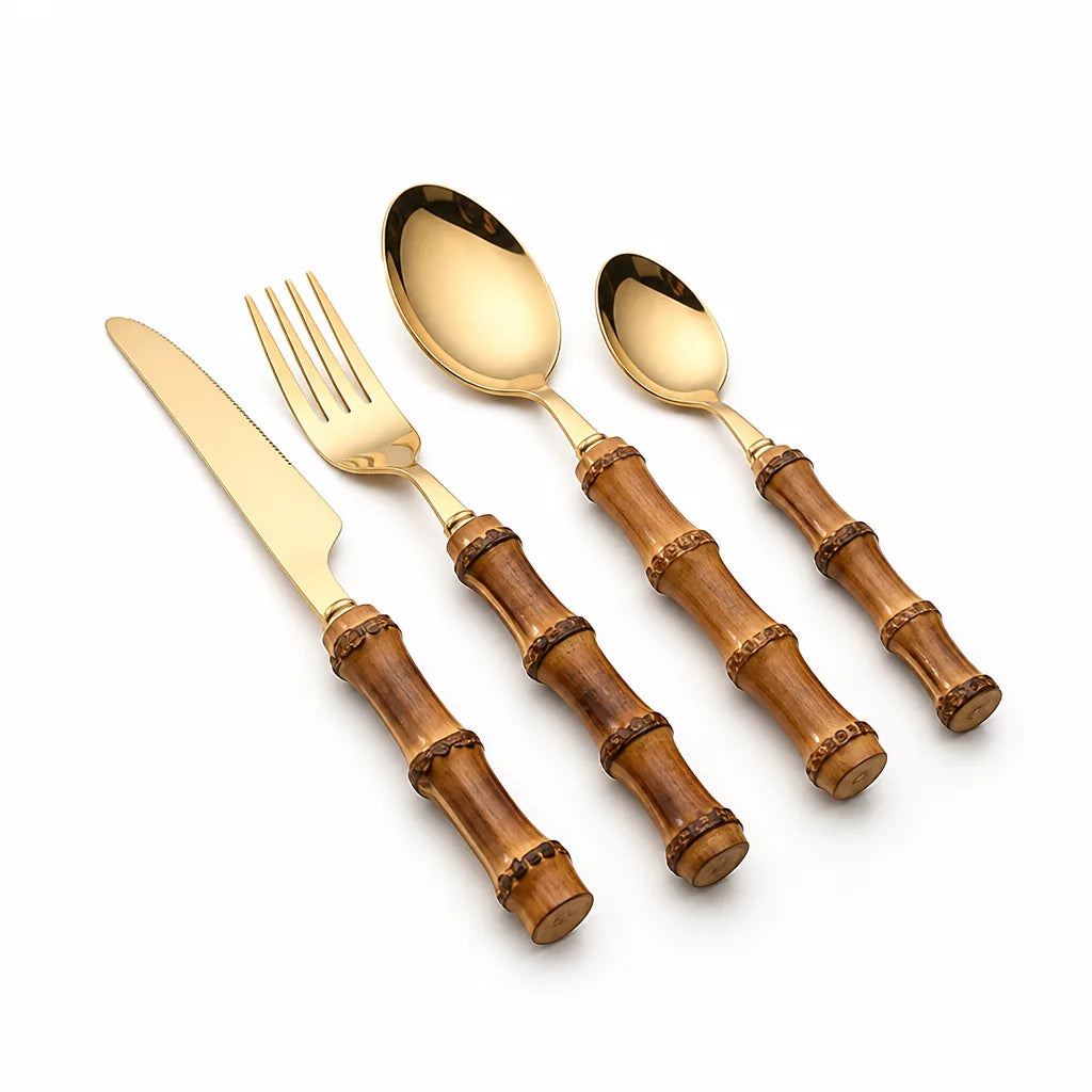 Cutlery Set Polished Gold Stainless Steel & Bamboo Handles