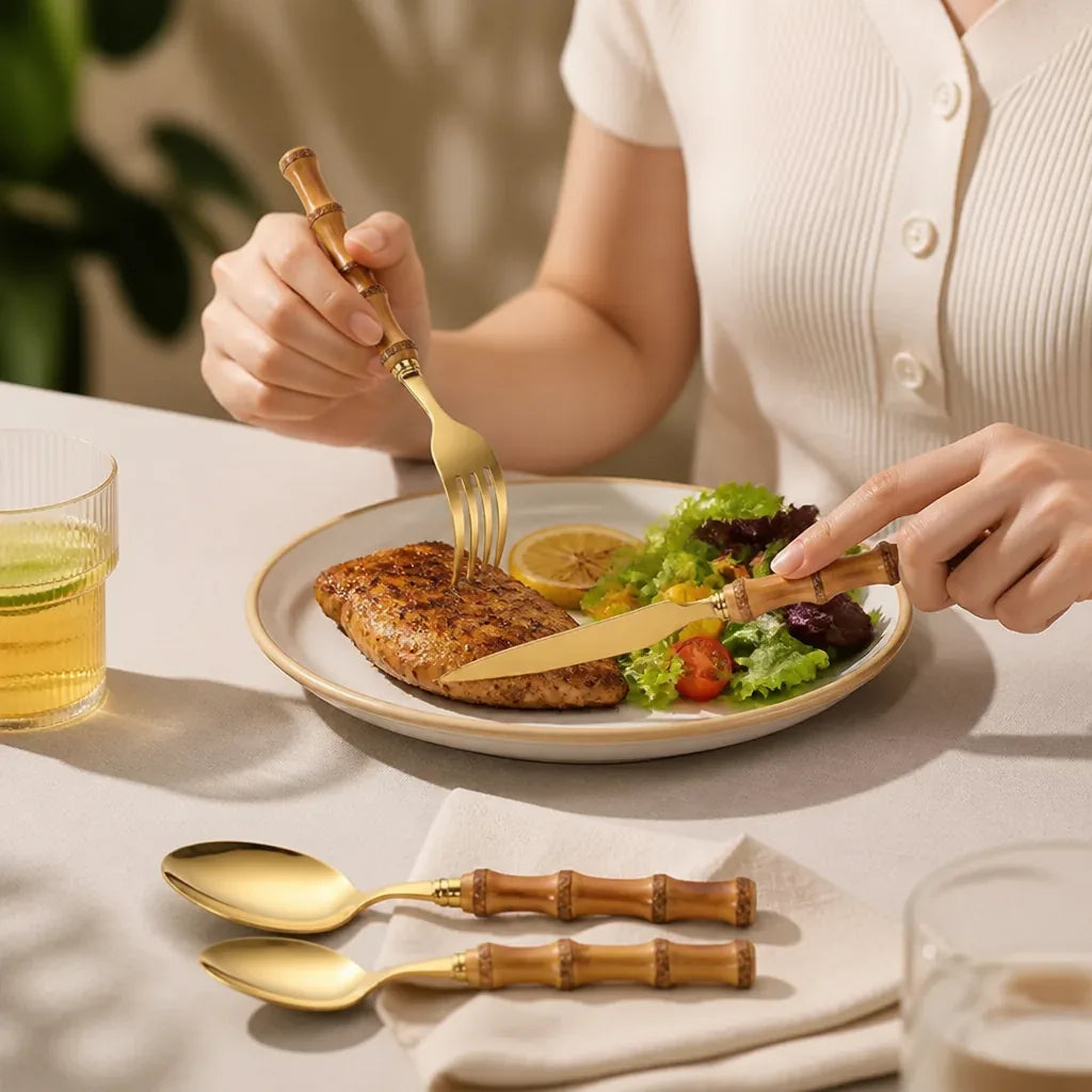 Cutlery Set Polished Gold Stainless Steel & Bamboo Handles