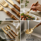 Cutlery Set Polished Gold Stainless Steel & Bamboo Handles
