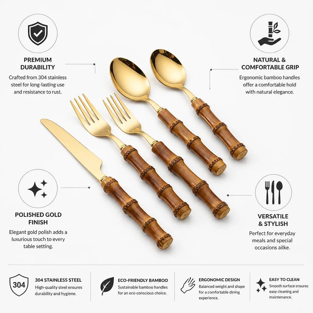 Cutlery Set Polished Gold Stainless Steel & Bamboo Handles