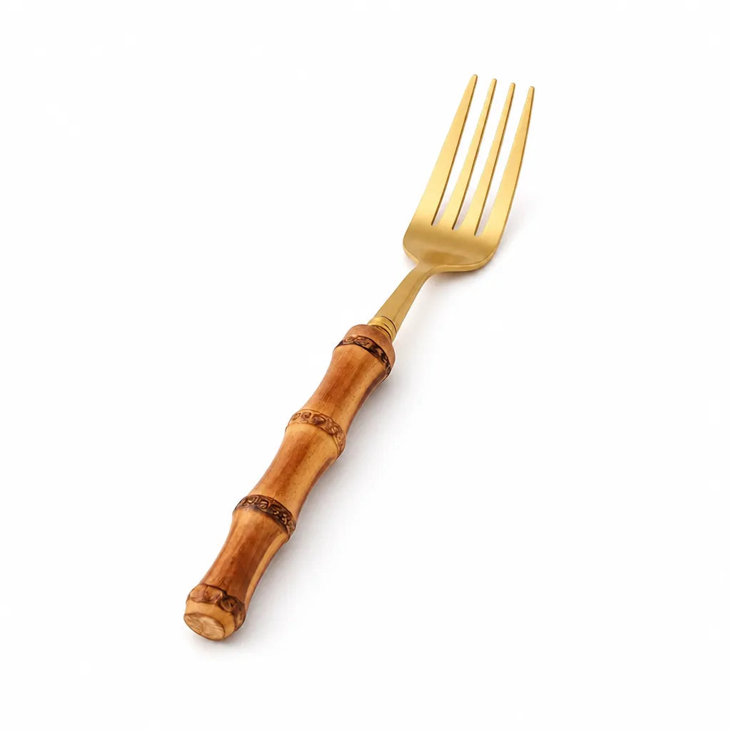 Cutlery Set Polished Gold Stainless Steel & Bamboo Handles