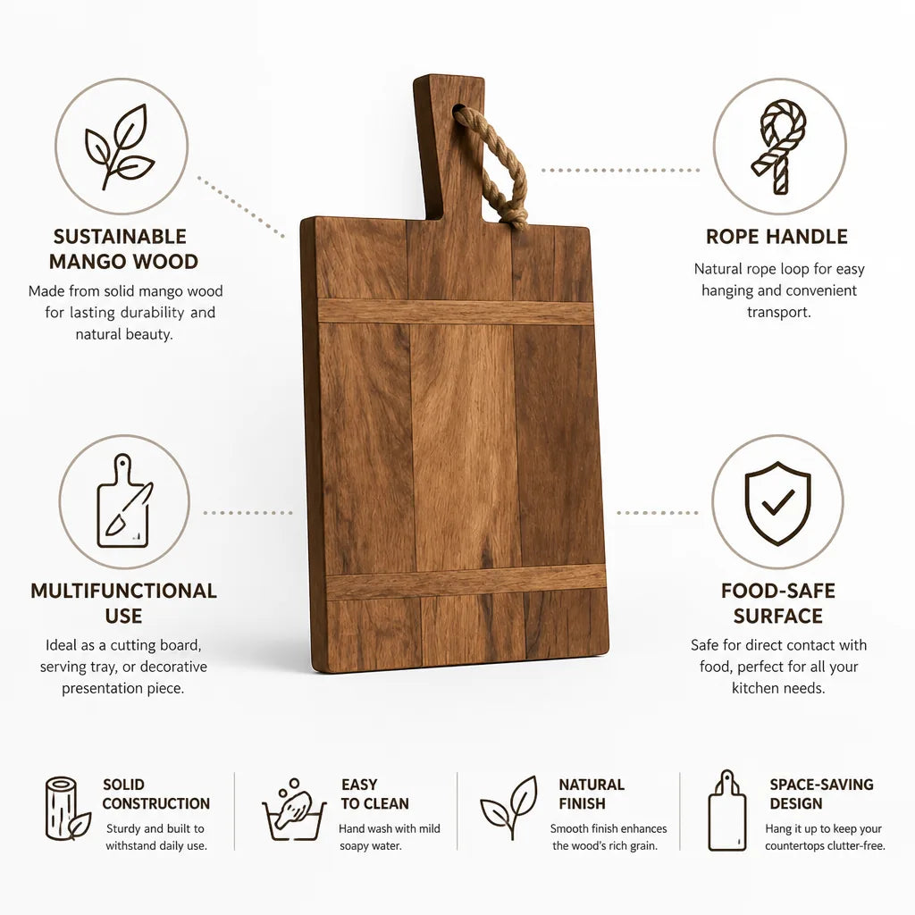 Cutting Board Mango Wood Rope Handle & Serving Tray