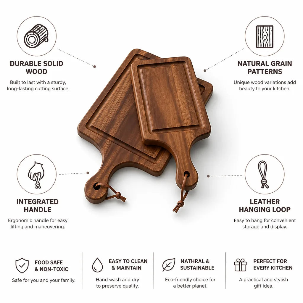 Cutting Board Solid Wood Integrated Handle & Leather Loop
