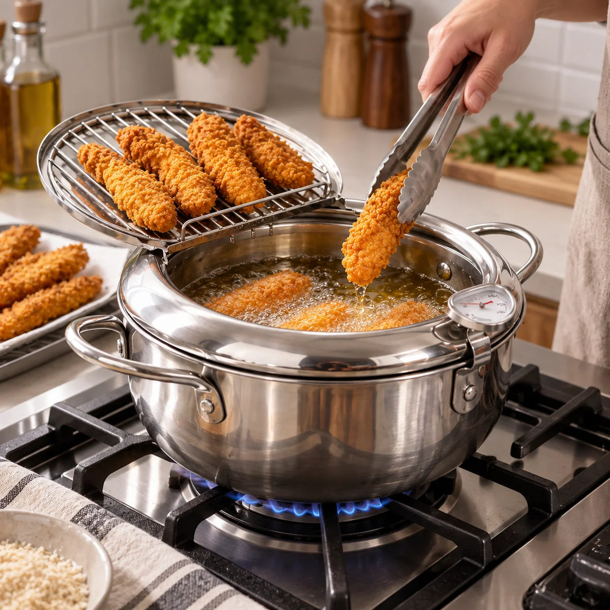 Deep Frying Pot Stainless Steel Thermometer & Oil Rack
