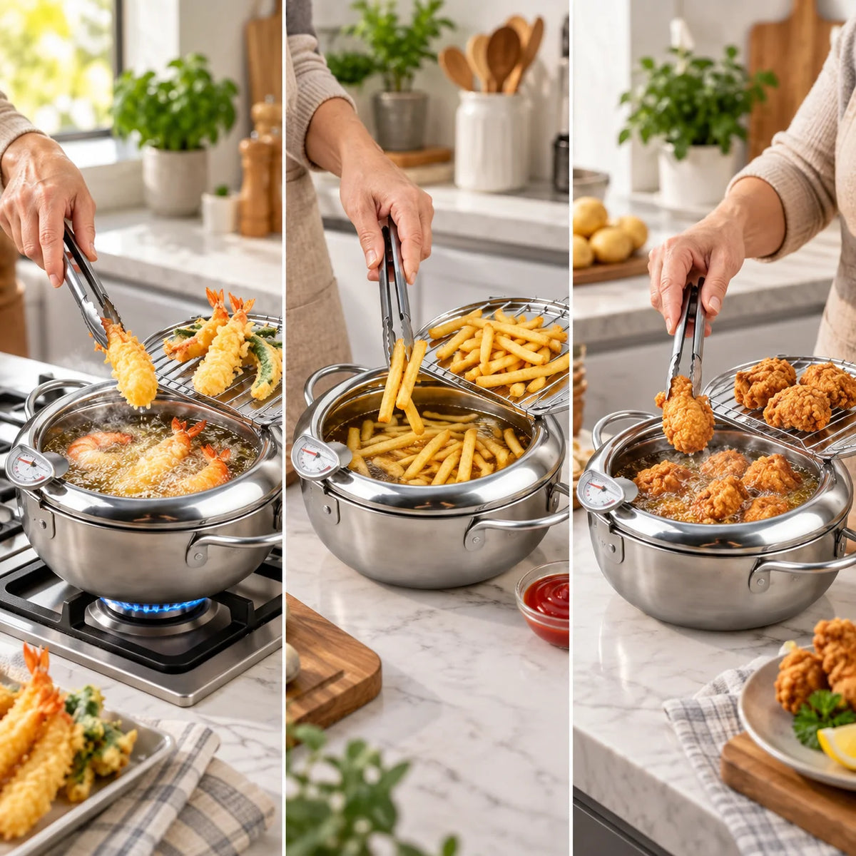 Deep Frying Pot Stainless Steel Thermometer & Oil Rack