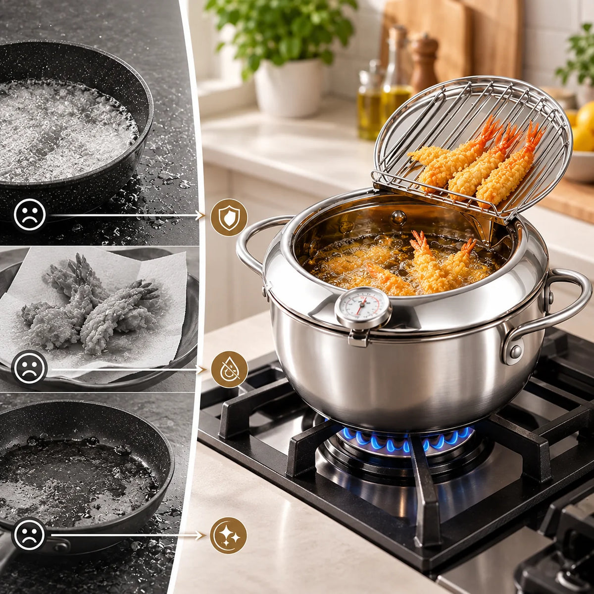 Deep Frying Pot Stainless Steel Thermometer & Oil Rack