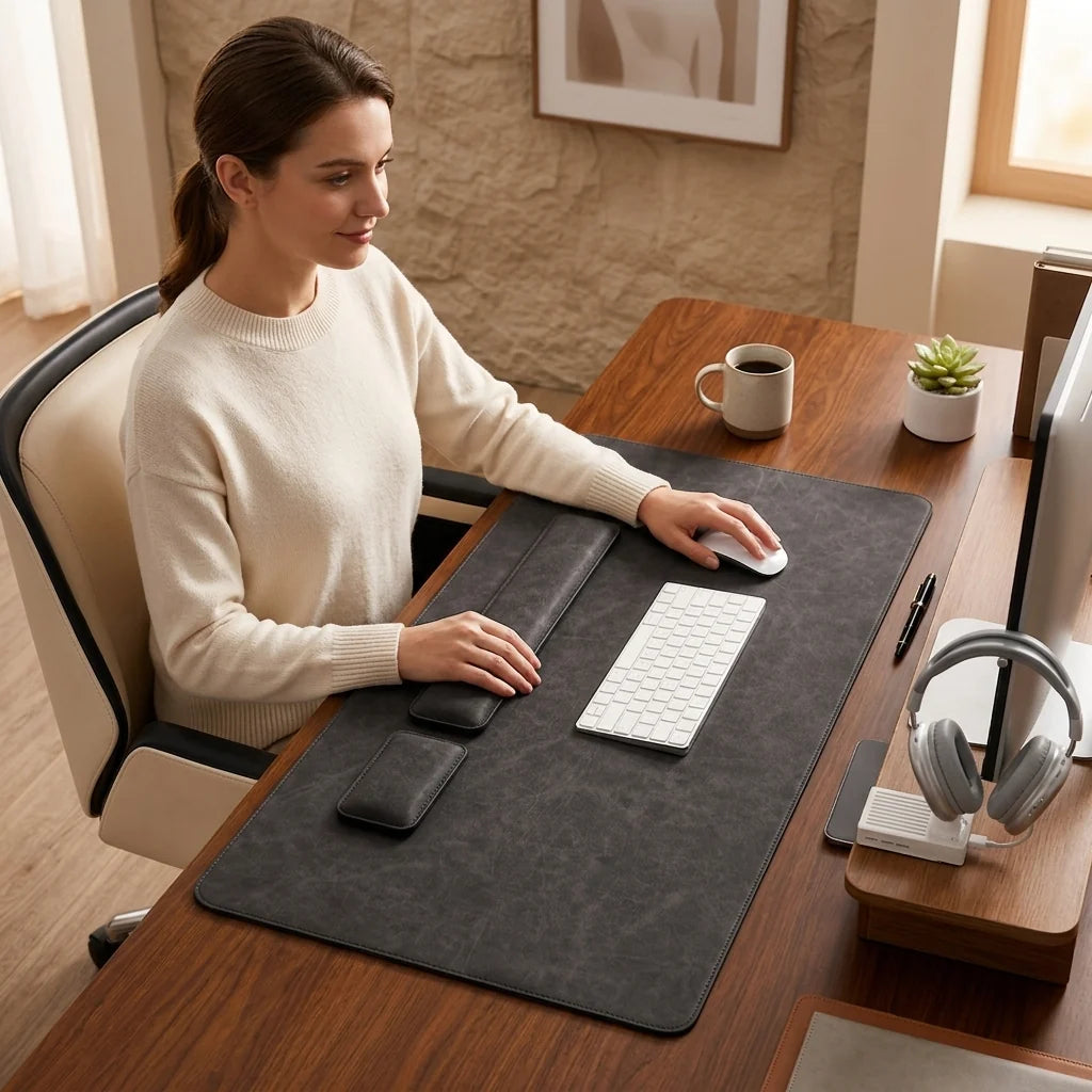 Desk Mat Set 3-Piece Leather-Look Non-Slip Padded Wrist Rests