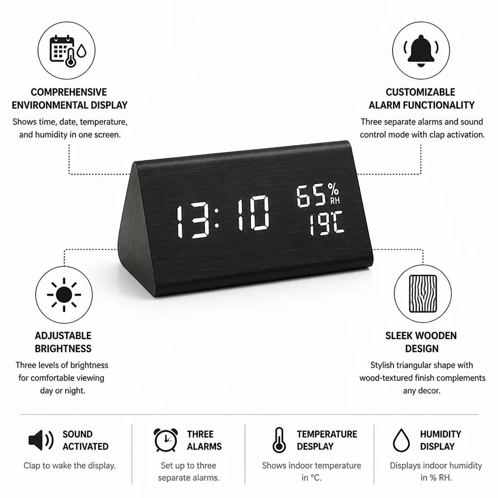 Digital Alarm Clock LED Display Sound-Activated Three Alarms
