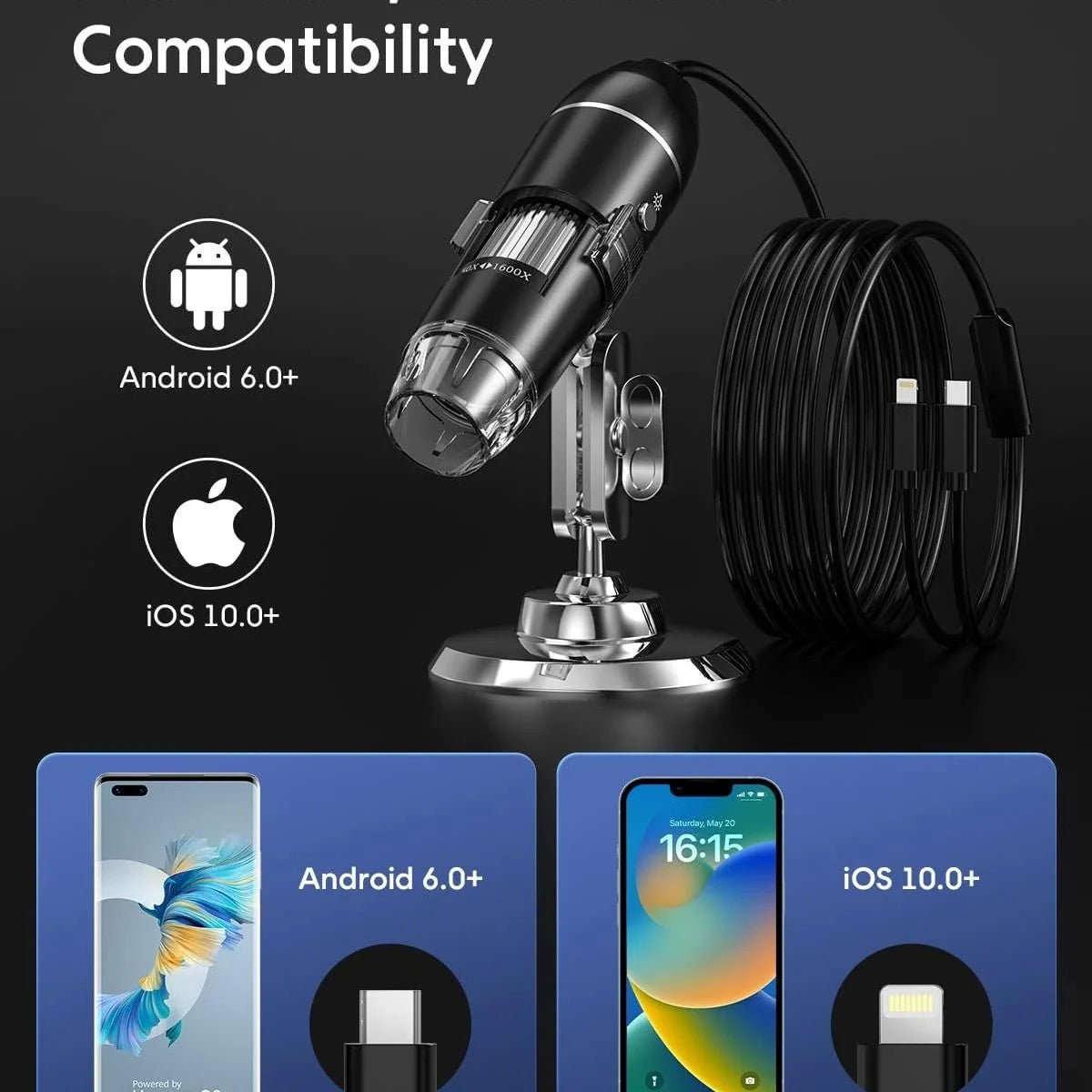 Digital Microscope 1600x Magnification USB-Powered Live Display