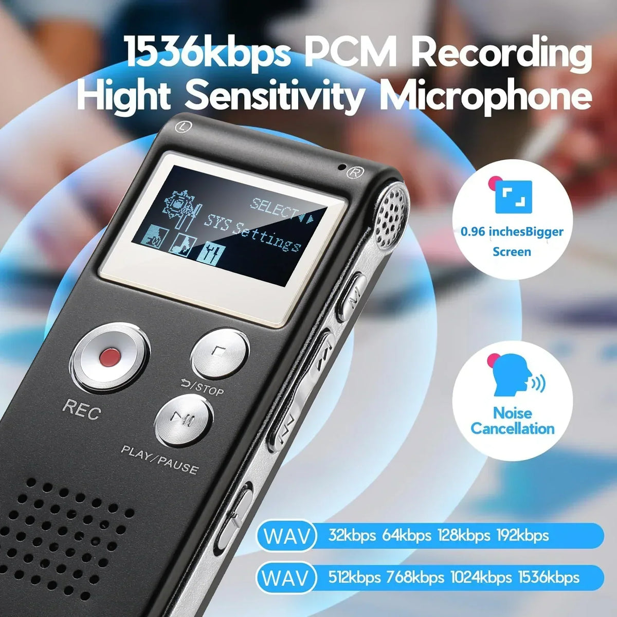 Digital Voice Recorder Voice-Activated Compact Built-In Speaker & Headphone Jack
