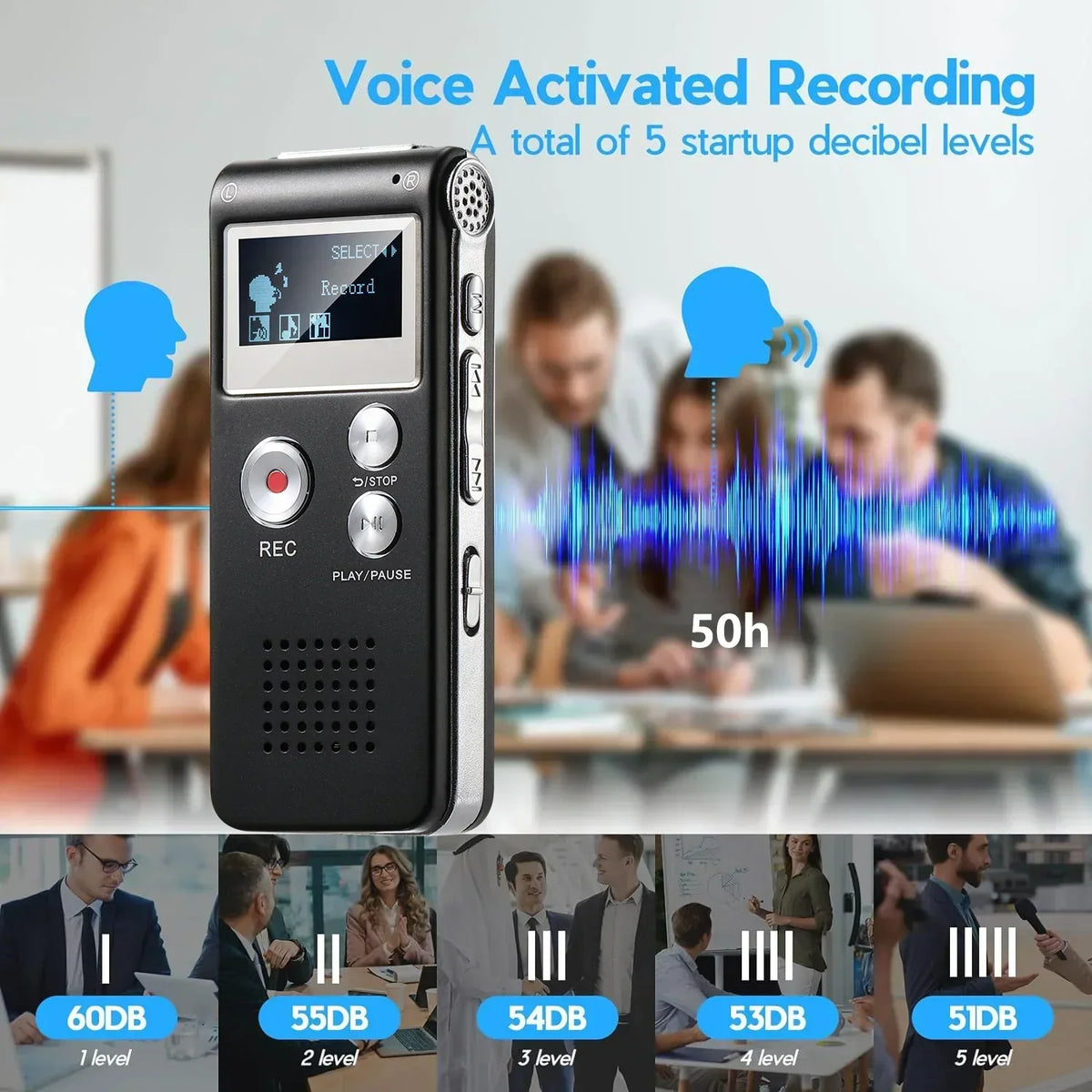 Digital Voice Recorder Voice-Activated Compact Built-In Speaker & Headphone Jack