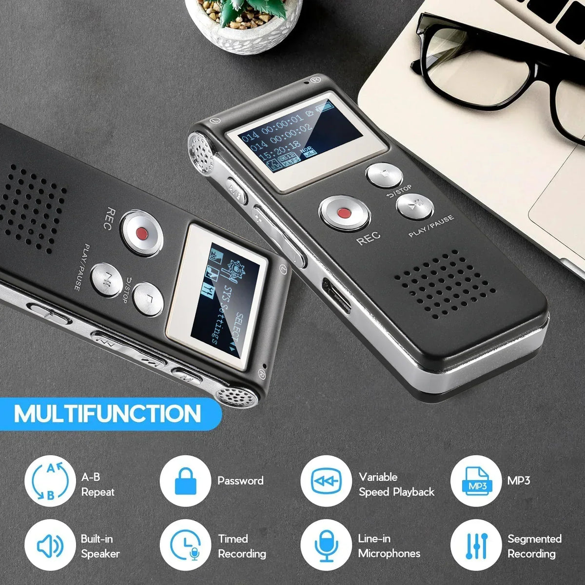 Digital Voice Recorder Voice-Activated Compact Built-In Speaker & Headphone Jack