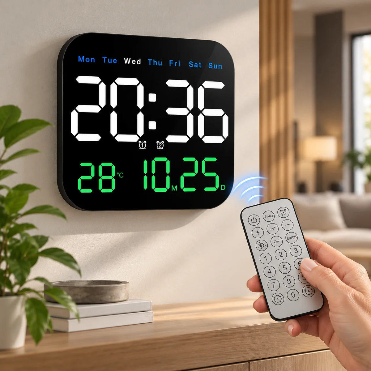 Digital Wall Clock Multicolor LED Remote Control Battery Backup
