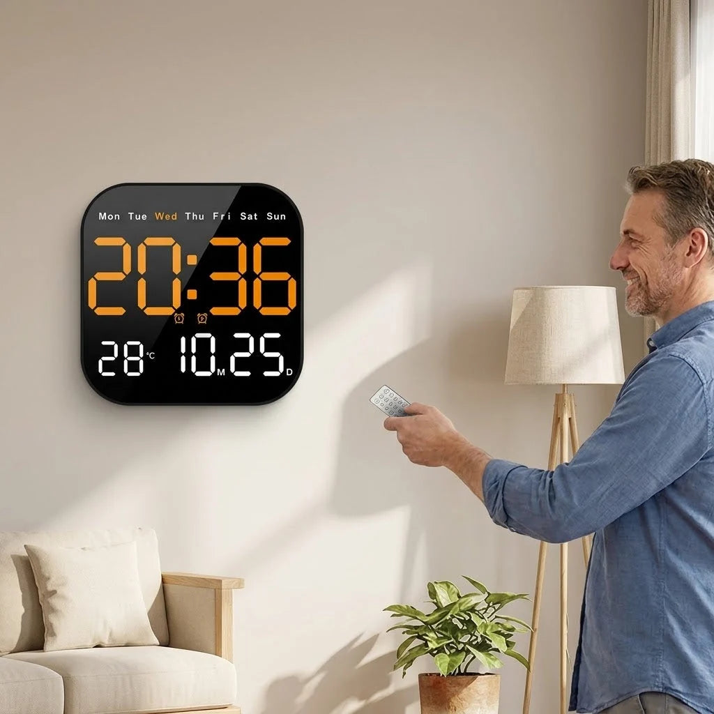 Digital Wall Clock Multicolor LED Remote Control Battery Backup