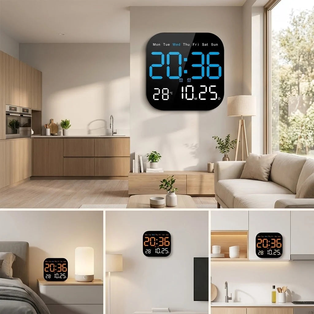 Digital Wall Clock Multicolor LED Remote Control Battery Backup