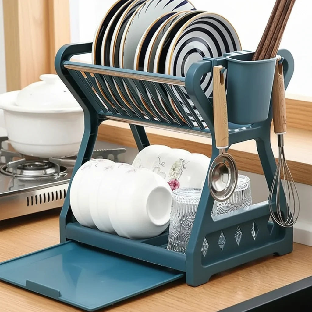 Dish Drainer Two-Tier Drip Tray & Cutlery Holder