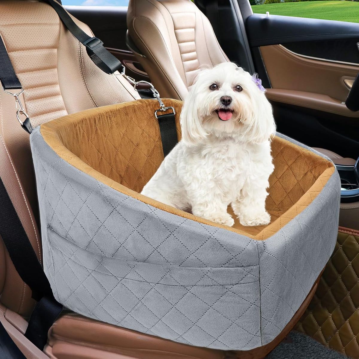 Dog Car Seat Booster with Safety Belt & Washable Cover