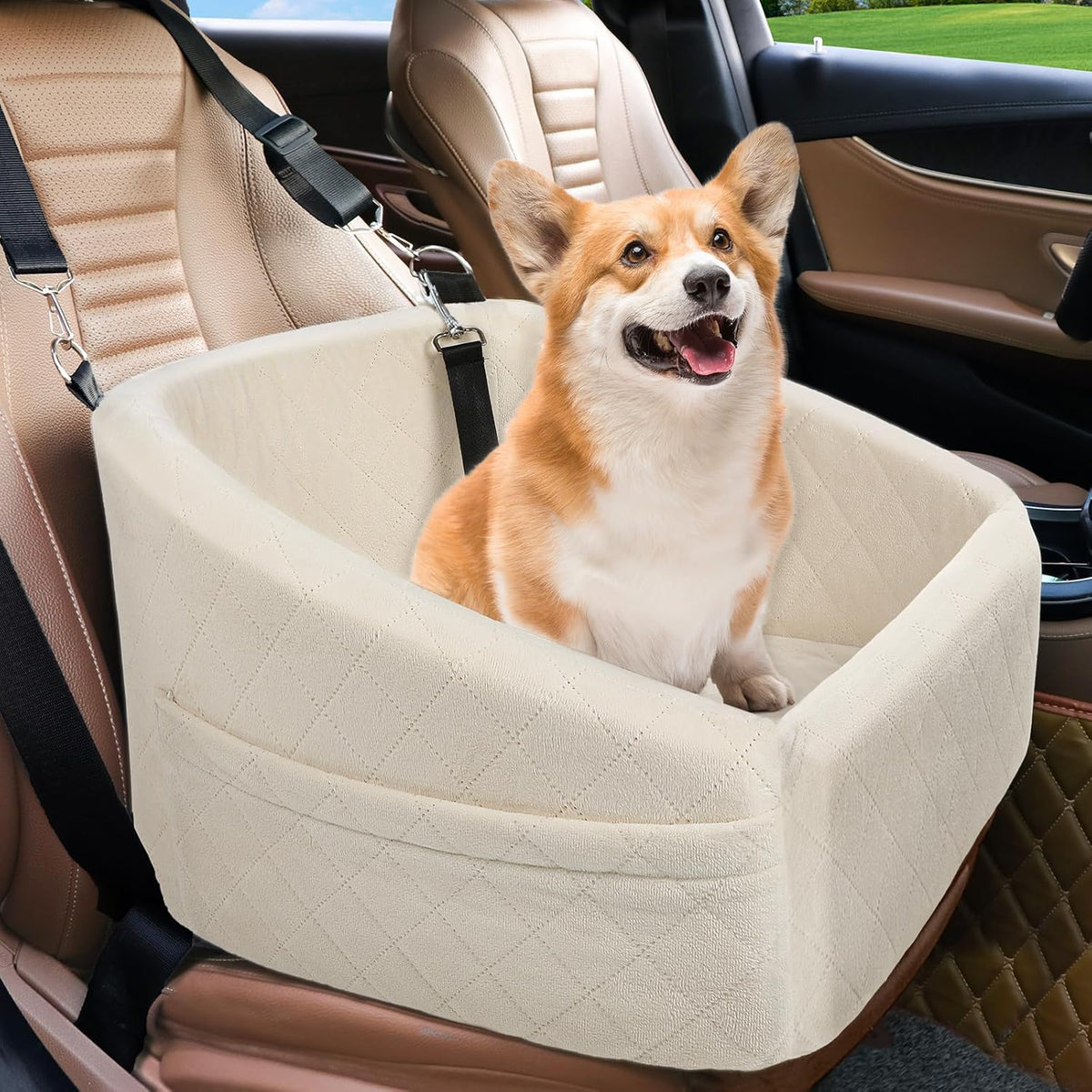 Dog Car Seat Booster with Safety Belt & Washable Cover